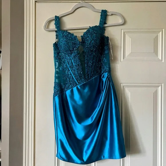 Sherri Hill | Dresses | Sherri Hill Blue Lace And Satin Mini Dress |  Poshmark